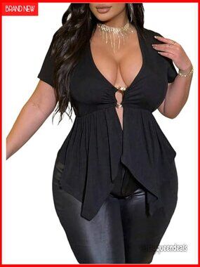 Plus Size Peplum Top Deep V Neck Short Sleeve Flowy Tee Shirts